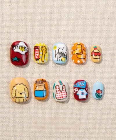 Hand-Painted Dog Press On Nails, Kawaii Cartoon Reusable Fake Nails