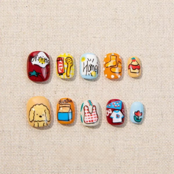 Hand-Painted Dog Press On Nails, Kawaii Cartoon Reusable Fake Nails
