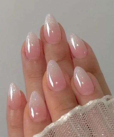 Pink Ombre Acrylic Press on Nails Short Almond Acrylic Nails Press Ons Full Cover Glue on Fake Nail with Silver Glitter Designs Reusable Artificial Stick on False Nail for Women 32Pcs