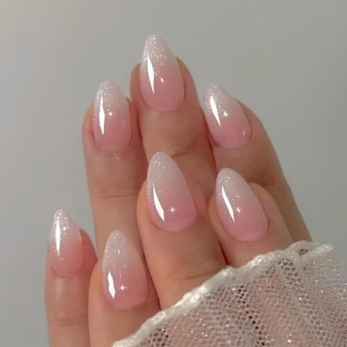 Pink Ombre Acrylic Press on Nails Short Almond Acrylic Nails Press Ons Full Cover Glue on Fake Nail with Silver Glitter Designs Reusable Artificial Stick on False Nail for Women 32Pcs