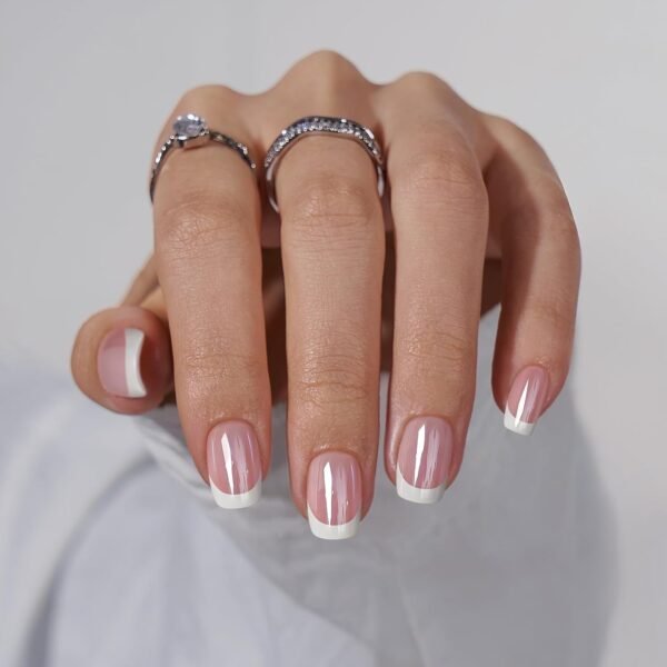 Press on Nails Short - White French Tip Press On Nails Square, Chrome Glazed Glue On Nails, Stick On Nails in 15 Sizes - 30 Soft Gel Fake Nail Kit, Be Elegant