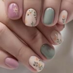 Spring Press on Nail Short Square Fake Nails Full Cover Green Leaves Floral designs Stick on Nail Cute Artificial Acrylic False Nails Glossy Reusable Glue on Nails Summer Press ones for Women 24pcs