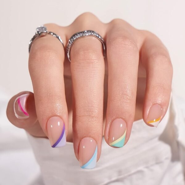 Short Press On Nails - Soft Gel French Tip Press On Nails, Supremely Fit & Natural Square Glue On Nails with Nail Glue, Reusable Stick On Nails in 15 Sizes, Pastel Curves