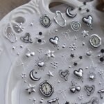 Silver Nail Art Stickers Heart Star Nail Decals with Metal Design 5D Embossed Self Adhesive Clock Nails Stickers Charms Supply for Women Manicure DIY Decorations