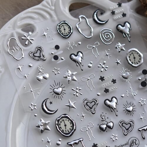 Silver Nail Art Stickers Heart Star Nail Decals with Metal Design 5D Embossed Self Adhesive Clock Nails Stickers Charms Supply for Women Manicure DIY Decorations