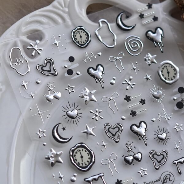 Silver Nail Art Stickers Heart Star Nail Decals with Metal Design 5D Embossed Self Adhesive Clock Nails Stickers Charms Supply for Women Manicure DIY Decorations