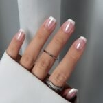 Press on Nails Short - White French Tip Press On Nails Square, Chrome Glazed Glue On Nails, Stick On Nails in 15 Sizes - 30 Soft Gel Fake Nail Kit, Be Elegant