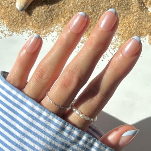 Press On Nails - Into Blue | Glazed Short Oval Fake Nails with Periwinkle French Tips, Salon Quality Summer Nails | 15 Sizes - 30 Nail Kit with Glue