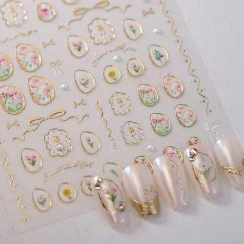 5D Embossed Flower Nail Art Stickers Tulip Glue Irregular Geometric Frames Nail Stickers Gold Hollow Designs Nail Decals Supplies Self Adhesive Nails Sticker DIY Acrylic Nail Accessories