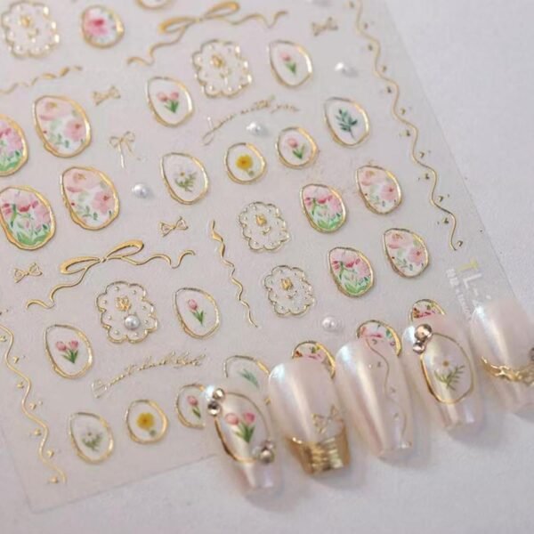 5D Embossed Flower Nail Art Stickers Tulip Glue Irregular Geometric Frames Nail Stickers Gold Hollow Designs Nail Decals Supplies Self Adhesive Nails Sticker DIY Acrylic Nail Accessories