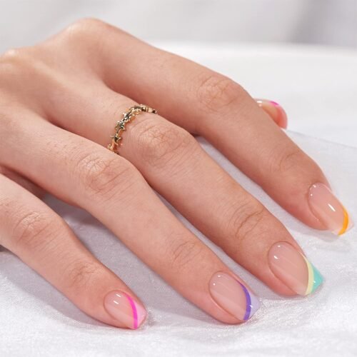 Short Press On Nails - Soft Gel French Tip Press On Nails, Supremely Fit & Natural Square Glue On Nails with Nail Glue, Reusable Stick On Nails in 15 Sizes, Pastel Curves