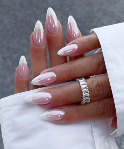 Press On Nails - Almond Fake Nails - French Tip False Nails Press ons - Medium Glue on Nails with Chrome Design - for Women Stick on Nail 24Pcs