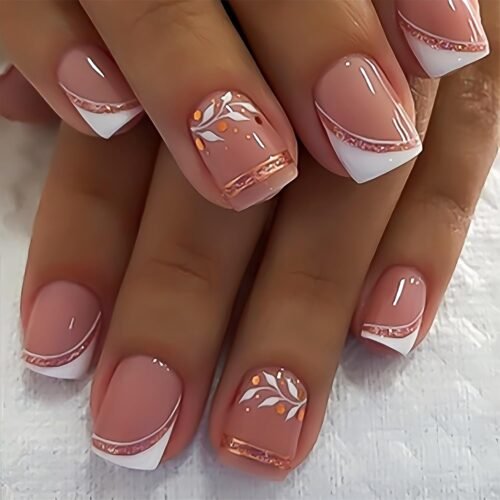 24Pcs Short Press on Nails French Tip Square Fake Nails with Rose Gold Glitter French White Leaf Design Pink Acrylic Nails Cute False Nails Artificial Nails Reusable Stick on Nails for Coquette Women