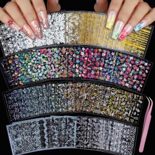 7 Styles Nail Stickers for Nail Art, 100 Sheets Nail Art Stickers for Kids Women, 3D Self Adhesive Flower Fingernail Stickers for Spring, Silver & Gold, Black & White Nail Decals for Nail Art