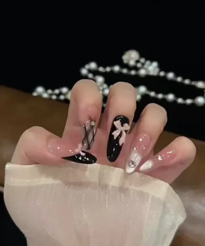 "Princess Check" Black and Pink Sweet and Cool Handmade Nail Art