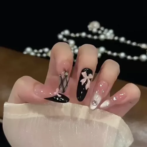 "Princess Check" Black and Pink Sweet and Cool Handmade Nail Art